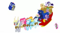 Size: 1574x888 | Tagged: safe, artist:rustedrabbit, derpibooru import, applejack, derpy hooves, doctor whooves, fluttershy, pinkie pie, princess luna, rainbow dash, rarity, soarin', spike, spitfire, time turner, twilight sparkle, pegasus, pony, antlers, christmas, crossover, doctor who, eyes closed, female, holiday, holly, magic, mane seven, mane six, mare, present, sleigh, tardis