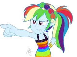 Size: 1024x768 | Tagged: safe, artist:ilaria122, derpibooru import, rainbow dash, equestria girls, equestria girls series, spring breakdown, spoiler:eqg series (season 2), 2019, alternate hairstyle, bracelet, braid, clothes, comic con, dress, female, fist, jewelry, pointing, ponytail, rainbow dash always dresses in style, san diego comic con, sdcc 2018, simple background, sleeveless, solo, transparent background