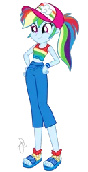 Size: 530x1030 | Tagged: safe, artist:ilaria122, derpibooru import, rainbow dash, equestria girls, equestria girls series, i'm on a yacht, spring breakdown, spoiler:eqg series (season 2), 2019, alternate hairstyle, cap, clothes, comic con, cruise outfit, feet, female, hat, midriff, pants, ponytail, pose, san diego comic con, sandals, sdcc 2018, shirt, simple background, smiling, t-shirt, transparent background, wristband