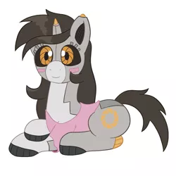 Size: 900x900 | Tagged: safe, alternate version, artist:scraggleman, derpibooru import, oc, oc:stashie, unofficial characters only, pony, robot, robot pony, unicorn, aperture science, clothes, portal (valve), prone, shirt, simple background, solo, white background