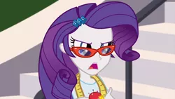 Size: 1280x720 | Tagged: safe, derpibooru import, screencap, rarity, equestria girls, friendship games, angry, annoyed, cute, female, glasses, glasses rarity, madorable, measuring tape, pincushion, rarity's glasses, solo, unamused