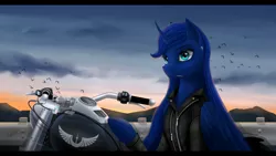 Size: 3920x2205 | Tagged: safe, artist:dezdark, derpibooru import, princess luna, alicorn, pony, clothes, cloud, ear piercing, female, jacket, mare, motorcycle, piercing, toothpick, twilight (astronomy)