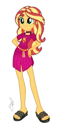 Size: 500x1000 | Tagged: safe, artist:cookiechans2, artist:ilaria122, derpibooru import, sunset shimmer, equestria girls, equestria girls series, i'm on a yacht, spring breakdown, spoiler:eqg series (season 2), 2019, alternate hairstyle, belt, choker, clothes, comic con, cruise outfit, dress, female, geode of empathy, hand on hip, legs, magical geodes, san diego comic con, sandals, sdcc 2018, simple background, solo, transparent background