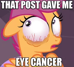 Size: 498x451 | Tagged: cancer (disease), caption, derpibooru import, eye cancer, image macro, reaction image, safe, scootaloo, solo, text, that post gave me cancer