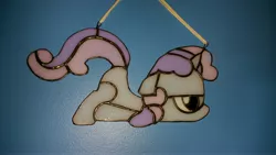 Size: 5312x2988 | Tagged: derpibooru import, safe, scootie belle, scooting, solo, stained glass (irl), sweetie belle