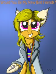 Size: 1627x2157 | Tagged: safe, artist:sixes&sevens, derpibooru import, ponified, pony, chest fluff, clothes, doctor who, ear piercing, earring, female, jacket, jewelry, jodie whittaker, key, mare, outstretched hoof, piercing, simple background, solo, sonic screwdriver, suspenders, thirteenth doctor