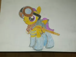 Size: 3968x2976 | Tagged: safe, artist:cmc--scootaloo, derpibooru import, scootaloo, pegasus, pony, armor, atg 2018, clothes, equestria games, equestria games (loe), equestria games 2018, female, filly, foal, goggles, legends of equestria, newbie artist training grounds, socks, solo, sports outfit, team cloudsdale, traditional art, uniform, wooden sword