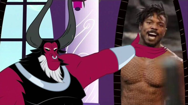 Size: 1920x1080 | Tagged: black panther, centaur, crossing the memes, derpibooru import, edit, edited screencap, erik killmonger, exploitable meme, human, irl, irl human, is this supposed to be humorous, lord tirek, male, meme, michael b. jordan, n'jadaka, photo, safe, scar, scarification, screencap, twilight's kingdom