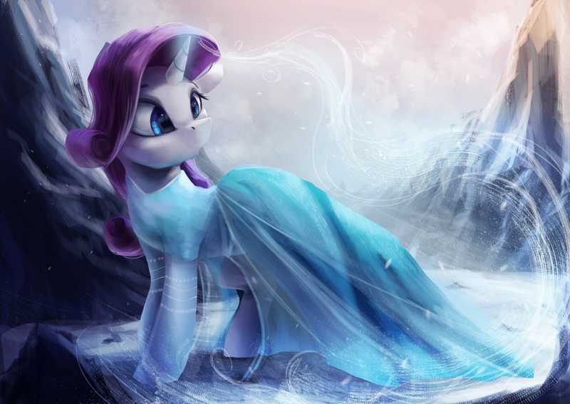 Size: 3600x2550 | Tagged: safe, artist:vanillaghosties, derpibooru import, rarity, pony, unicorn, atg 2018, clothes, cosplay, costume, crossover, disney, dress, elsa, female, frozen (movie), high res, let it go, magic, mare, newbie artist training grounds, queen elsarity, scenery, solo