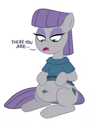 Size: 600x800 | Tagged: safe, artist:scobionicle99, derpibooru import, boulder (pet), maud pie, earth pony, pony, belly, belly button, big belly, chubby, clothes, dialogue, explicit source, fat, female, hoof on belly, looking down, maud pudge, navel insertion, navel play, simple background, sitting, solo, white background
