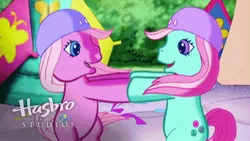 Size: 1920x1080 | Tagged: bipedal, crystal princess, crystal princess: the runaway rainbow, derpibooru import, g3, hasbro studios, helmet, minty, pinkie pie (g3), safe, screencap, the runaway rainbow