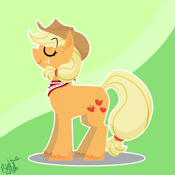 Size: 2000x2000 | Tagged: safe, artist:binkyt11, derpibooru import, applejack, earth pony, pony, abstract background, applejack's hat, atg 2018, bandana, colored hooves, cowboy hat, cutie mark, eyes closed, female, freckles, hat, hooves, lineless, mare, minimalist, modern art, newbie artist training grounds, signature, smiling, solo, standing, stetson