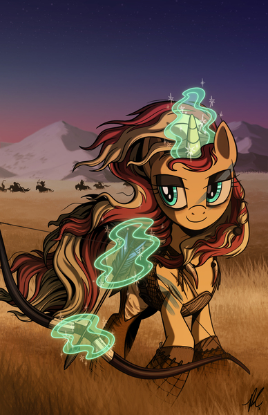 Size: 2475x3825 | Tagged: arrow, artist:hexfloog, bow and arrow, bow (weapon), commission, crossover, derpibooru import, dothraki, female, game of thrones, magic, safe, solo, sunset shimmer, telekinesis, weapon