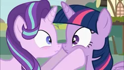 Size: 1280x720 | Tagged: safe, artist:agrol, derpibooru import, starlight glimmer, twilight sparkle, twilight sparkle (alicorn), alicorn, unicorn, blushing, boop, duo, duo female, female, noseboop, youtube link