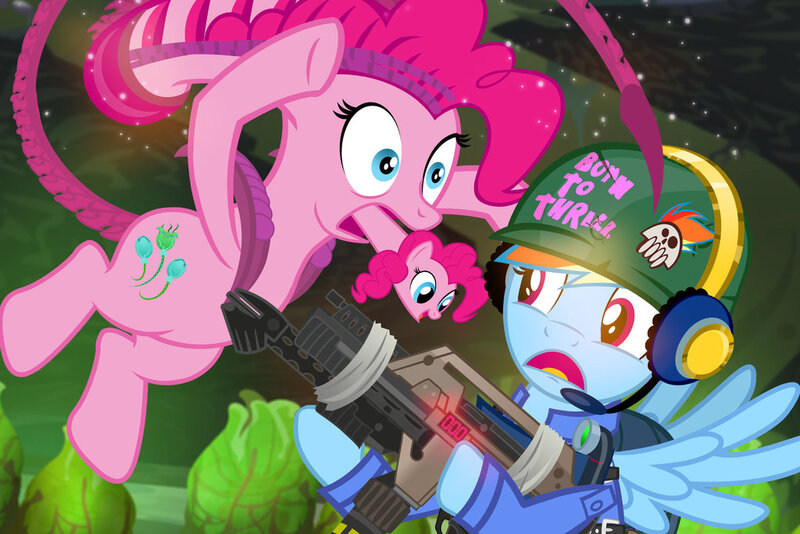 Size: 1024x683 | Tagged: safe, artist:pixelkitties, derpibooru import, pinkie pie, rainbow dash, alien, earth pony, pegasus, pony, xenomorph, alien (franchise), crossover, duct tape, female, flamethrower, full metal jacket, gun, m240 incinerator unit, m41a pulse rifle, mare, rifle, show accurate, tape, weapon