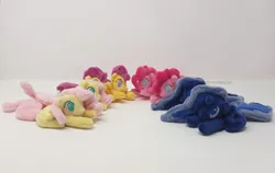 Size: 1000x631 | Tagged: safe, artist:hipsterowlet, derpibooru import, fluttershy, pinkie pie, princess luna, scootaloo, alicorn, earth pony, pegasus, pony, beanie (plushie), female, filly, group, irl, mare, mini, photo, plushie, prone