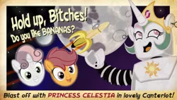 Size: 500x284 | Tagged: safe, artist:pixelkitties, derpibooru import, princess celestia, scootaloo, sweetie belle, pegasus, pony, robot, unicorn, banana, do you like bananas?, fallout, fallout: new vegas, female, filly, food, friendship is magic bitch, moon, parody, spaceship, vulgar