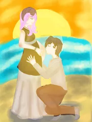 Size: 900x1200 | Tagged: artist:bunnyviolet218, beach, couple, derpibooru import, eyes closed, female, hand on belly, human, humanized, hybrid, interspecies offspring, kissing, kiss on the belly, male, married couple, multiple pregnancy, oc, oc:beryl (discoshy), oc:iron granite, oc x oc, offspring, offspring shipping, parent:big macintosh, parent:discord, parent:fluttershy, parent:marble pie, parents:discoshy, parents:marblemac, pregnant, safe, shipping, straight, sunset, unofficial characters only