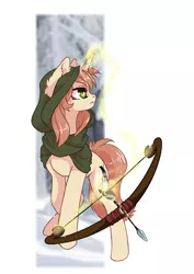 Size: 707x1000 | Tagged: safe, artist:arctic-fox, derpibooru import, oc, oc:clouded wisp, unofficial characters only, pony, archery, arrow, bow (weapon), bow and arrow, clothes, female, glowing horn, hoodie, horn, magic, mare, simple background, solo, weapon