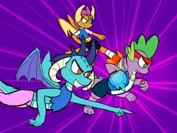 Size: 3200x2400 | Tagged: artist:neonhuo, clothes, derpibooru import, dragon, high res, jacket, ok k.o.! lets be heroes, pants, princess ember, safe, shirt, smolder, spike, sunburst background, winged spike