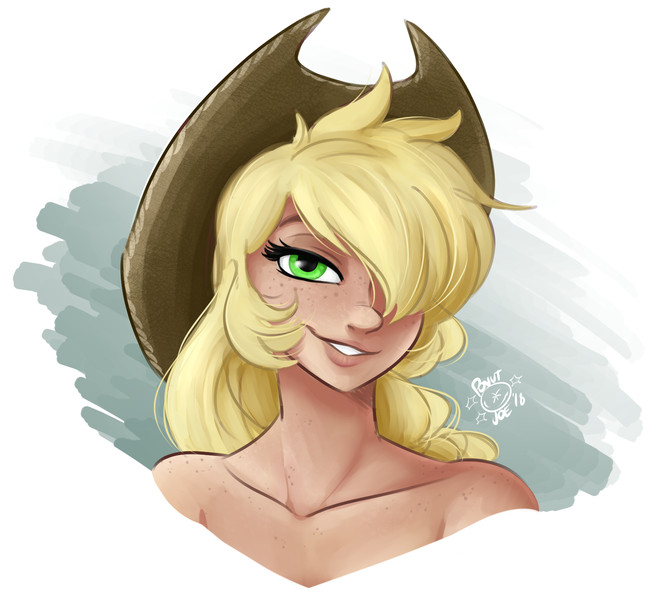 Size: 1652x1520 | Tagged: applejack, applejack's hat, artist:ponut_joe, bare shoulder portrait, bare shoulders, beautiful, bedroom eyes, bust, cowboy hat, cute, derpibooru import, female, freckles, hair over one eye, hat, human, humanized, implied nudity, jackabetes, lips, looking at you, portrait, safe, shoulder freckles, smiling, solo, stetson