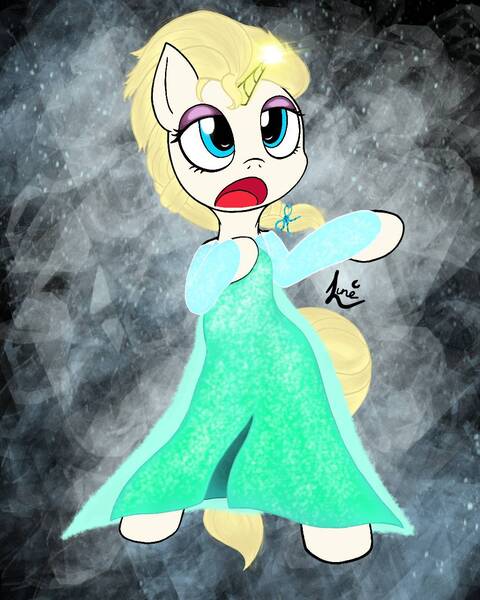 Size: 1024x1280 | Tagged: safe, artist:lunem0on, derpibooru import, ponified, pony, bipedal, clothes, crossover, disney, disney princess, dress, elsa, frozen (movie), glowing horn, horn, let it go, singing, solo