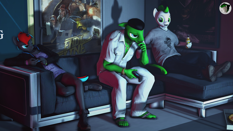 Size: 4000x2250 | Tagged: 3d, alcohol, anthro, artist:blackspoiler, beer, controller, derpibooru import, oc, oc:blackspoiler, oc:green mintiest, oc:vex (blackspoiler), plantigrade anthro, playstation 4, safe, sandals, source filmmaker, unofficial characters only