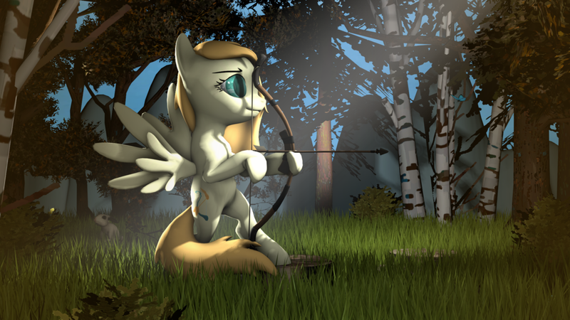 Size: 1024x576 | Tagged: safe, artist:okimichan, derpibooru import, oc, oc:cupid feather, unofficial characters only, pegasus, pony, 3d, archery, arrow, bow (weapon), bow and arrow, dexterous hooves, female, forest, mare, solo, tree, weapon