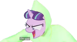 Size: 633x348 | Tagged: safe, derpibooru import, edit, edited screencap, screencap, starlight glimmer, pony, unicorn, caption, face swap, female, frown, gay, glare, i'm gay, idubbbz, male, mare, meme, open mouth, simple background, smiling, smirk, solo, transparent background, wat, wide eyes, youtube caption