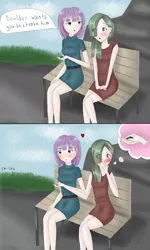 Size: 3000x5000 | Tagged: anime, artist:marie-tea-chan, bench, boulder (pet), clothes, cute, derpibooru import, dress, female, hair, hand, human, humanized, incest, lesbian, love, marbaud, marble pie, maud pie, piecest, romantic, safe, shipping