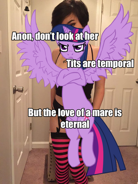 Size: 686x915 | Tagged: alicorn, caption, clothes, derpibooru import, human, image macro, irl, irl human, meme, photo, socks, striped socks, suggestive, text, thigh highs, twilight sparkle, twilight sparkle (alicorn)