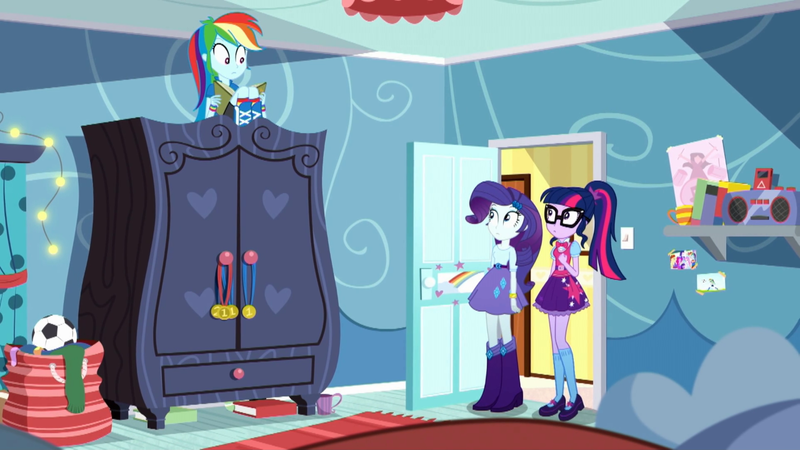 Size: 1280x720 | Tagged: safe, derpibooru import, screencap, rainbow dash, rarity, sci-twi, twilight sparkle, eqg summertime shorts, equestria girls, leaping off the page, rainbow dash's bedroom, wardrobe