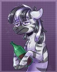 Size: 800x1000 | Tagged: abstract background, alcohol, artist:pur-fox stardust, beer, beer bottle, derpibooru import, drunk, oc, oc:garbhán, safe, unofficial characters only, unshorn fetlocks, zebra, zebra oc