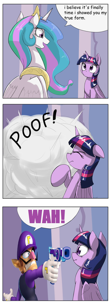 Size: 1737x4737 | Tagged: alicorn, artist:otakuap edit, celestia's true form, comic, derpibooru import, edit, exploitable meme, forced meme, gun, meme, princess celestia, safe, super mario bros., this will end in death, this will end in wah, twilight sparkle, twilight sparkle (alicorn), waluigi, weapon