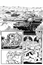 Size: 1000x1500 | Tagged: safe, artist:z-y-c, derpibooru import, princess luna, alicorn, gryphon, pony, female, male, mare, monochrome, sketch, stallion, t-72, tank (vehicle)