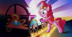 Size: 1151x587 | Tagged: 1983, 80s, '83, back to the future, bipedal, derpibooru import, marty mcfly, official, parody, pinkie mcpie, pinkie pie, safe, solo, sunglasses