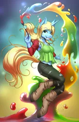 Size: 2520x3870 | Tagged: safe, artist:mykegreywolf, derpibooru import, oc, oc:art's desire, unofficial characters only, anthro, unguligrade anthro, unicorn, abstract background, arm warmers, belly button, boots, clothes, commission, detached sleeves, digital art, eyebrows visible through hair, female, gradient background, grin, high res, image, jpeg, jumping, lidded eyes, looking at you, midriff, paint, paintbrush, pants, shoes, smiling, smirk, solo, torn clothes