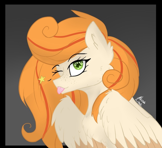 Size: 1309x1200 | Tagged: safe, artist:neon line, derpibooru import, oc, oc:megan rouge, unofficial characters only, pegasus, pony, ;p, female, one eye closed, smiling, solo, tongue out