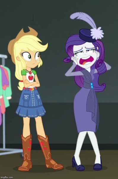 Size: 478x720 | Tagged: safe, derpibooru import, screencap, applejack, rarity, equestria girls, equestria girls series, rarity investigates: the case of the bedazzled boot, applejack's hat, boots, clothes, cowboy boots, cowboy hat, cropped, denim skirt, duo, faic, feather, geode of super strength, hat, magical geodes, marshmelodrama, pillbox hat, rarity being rarity, rarity investigates (eqg): applejack, shoes, skirt