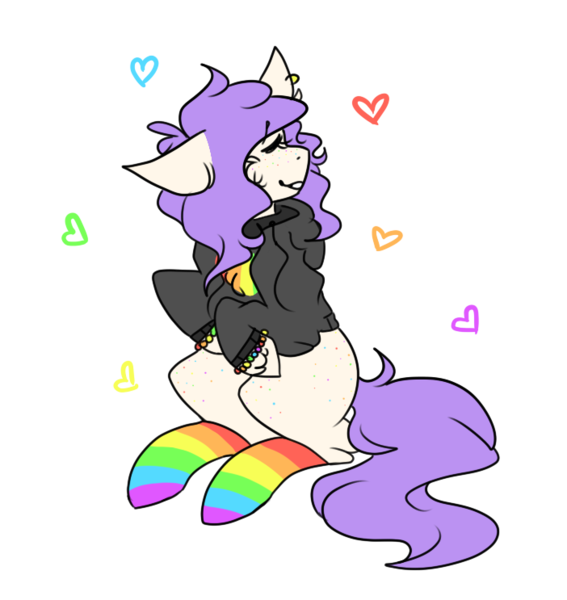 Size: 702x743 | Tagged: safe, artist:flamekitties, derpibooru import, oc, oc:maxie (ice1517), unofficial characters only, earth pony, pony, bracelet, clothes, commission, cute, ear piercing, earring, eyes closed, female, freckles, gay pride, gay pride flag, heart, hoodie, jewelry, lgbt, mare, piercing, pride, pride flag, pride socks, rainbow socks, simple background, socks, solo, striped socks, transparent background