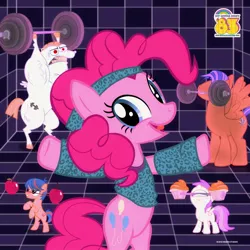 Size: 1080x1080 | Tagged: 80s, '83, bulk biceps, derpibooru import, official, olivia newton-john, physical, pinkie pie, safe, spearhead, weight lifting