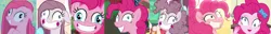 Size: 5224x676 | Tagged: safe, derpibooru import, screencap, pinkie pie, pony, equestria girls, equestria girls series, my little pony: the movie, overpowered (equestria girls), party of one, ppov, yakity-sax, collage, contemplating insanity, derp, evolution, faic, female, happiness, happy, mare, pink, pinkamena diane pie, smiling, week