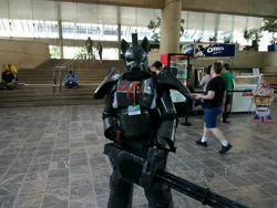 Size: 4160x3120 | Tagged: applejack's rangers, armor, artist:bronyairman2552, bronycon, clothes, cosplay, costume, derpibooru import, fallout equestria, gun, irl, minigun, oc, oc:steelhooves, photo, power armor, safe, steel ranger, weapon