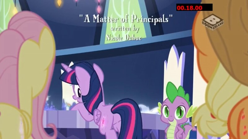 Size: 1920x1080 | Tagged: alicorn, a matter of principals, applejack, boomerang (tv channel), butt, derpibooru import, dragon, fluttershy, hooves on the table, looking back, out of context, plot, safe, screencap, spike, twilight sparkle, twilight sparkle (alicorn), winged spike