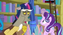 Size: 1920x1080 | Tagged: safe, derpibooru import, screencap, discord, starlight glimmer, draconequus, pony, unicorn, a matter of principals, bookshelf, boomerang (tv channel), duo, female, ladder, male, mane swap, mare, twilight wig, wig