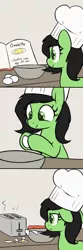 Size: 750x2250 | Tagged: safe, artist:skitter, derpibooru import, oc, oc:anonfilly, unofficial characters only, earth pony, pony, bowl, chef's hat, comic, cookbook, cooking, egg, fail, female, filly, floppy ears, hat, horse problems, omelette, smiling, solo, toaster
