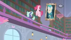 Size: 844x478 | Tagged: safe, derpibooru import, screencap, bifröst, night view, pony, unicorn, a matter of principals, boomerang (tv channel), clothes, dress, female, founders of equestria, friendship student, mare, mare antoinette, marie antoinette, picture frame, powdered wig