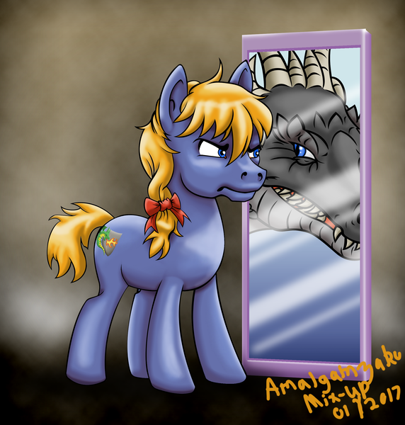 Size: 2142x2248 | Tagged: safe, artist:amalgamzaku, derpibooru import, oc, oc:flint hearth, unofficial characters only, dragon, earth pony, pony, fanfic, fanfic:the dragon king's rebirth, bow, colt, duality, fanfic art, fanfic cover, hair bow, male, mirror, reflection, solo