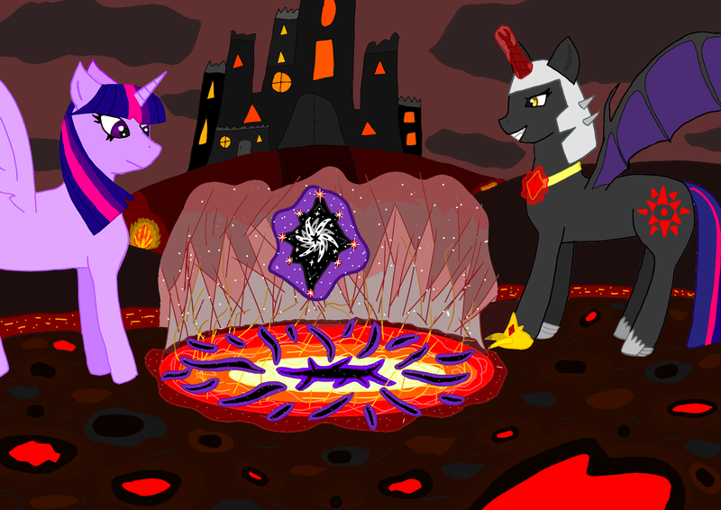 Size: 2000x1414 | Tagged: safe, artist:katya, derpibooru import, twilight sparkle, twilight sparkle (alicorn), oc, oc:fallenlight, alicorn, pony, amulet, castle, hellfire, jewelry, lava, portal