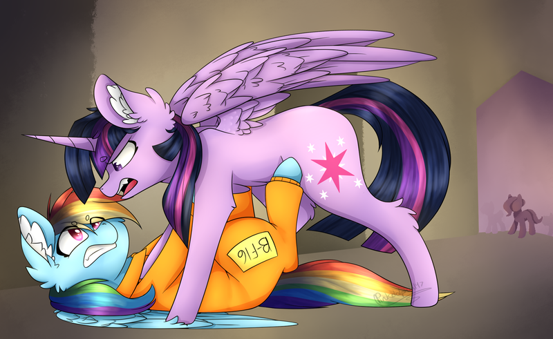 Size: 2269x1393 | Tagged: safe, artist:pinkdolphin147, derpibooru import, rainbow dash, twilight sparkle, twilight sparkle (alicorn), alicorn, pony, b-f16, clothes, never doubt rainbowdash69's involvement, on back, prison outfit, prisoner, prisoner rd, pushing, tackle